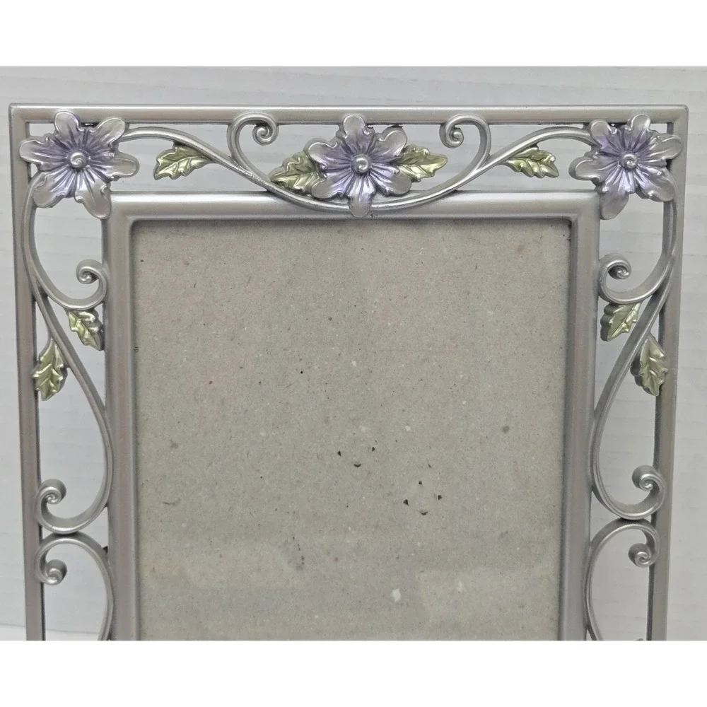 Vintage Ornate Silver Metal 5x7 Picture Frame with Purple Enamel Flowers